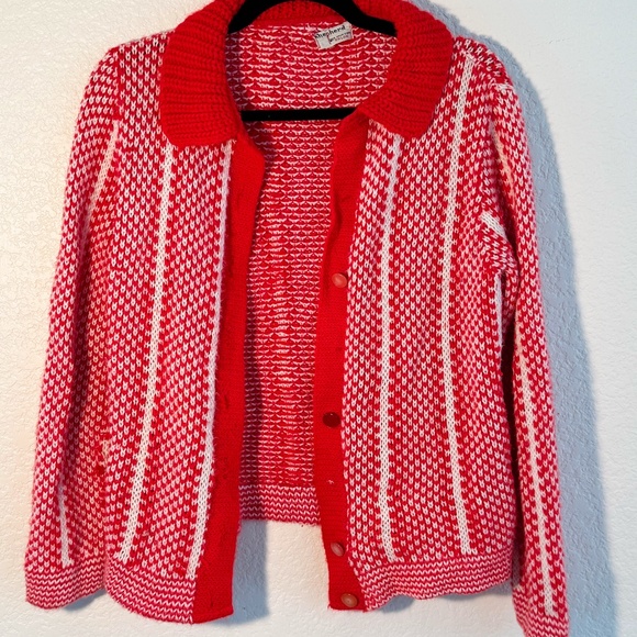 Vintage Shepherd Knit Cardigan Red White 60s Mod Sweater | Retro Grandpa Chic - Picture 1 of 4